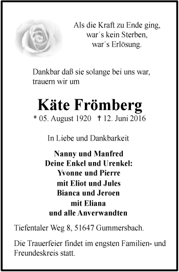 Anzeige von Käte Frömberg von  Anzeigen Echo 