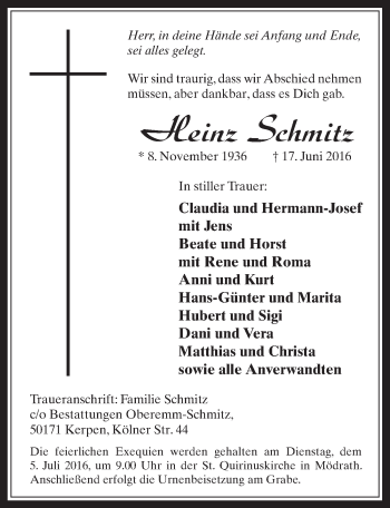 Anzeige von Heinz Schmitz von  Werbepost 
