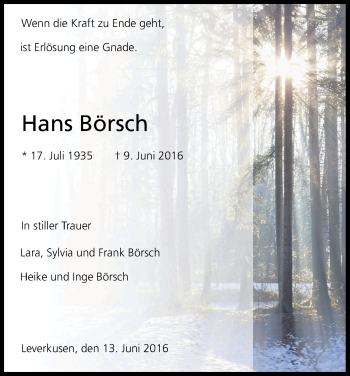 Anzeige von Hans Börsch von Kölner Stadt-Anzeiger / Kölnische Rundschau / Express