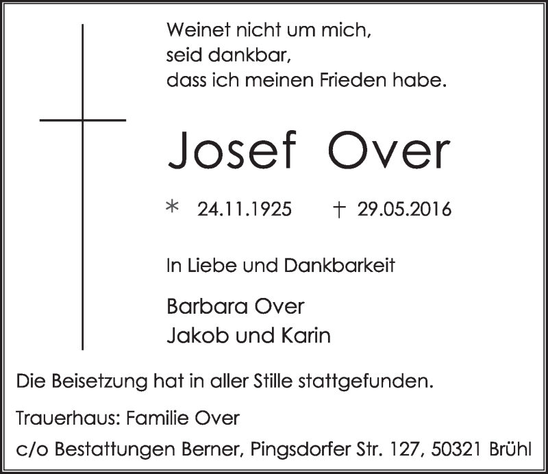  Traueranzeige für Josef Over vom 22.06.2016 aus  Schlossbote/Werbekurier 
