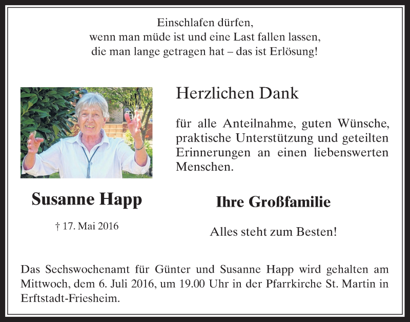  Traueranzeige für Susanne Happ vom 22.06.2016 aus  Werbepost 