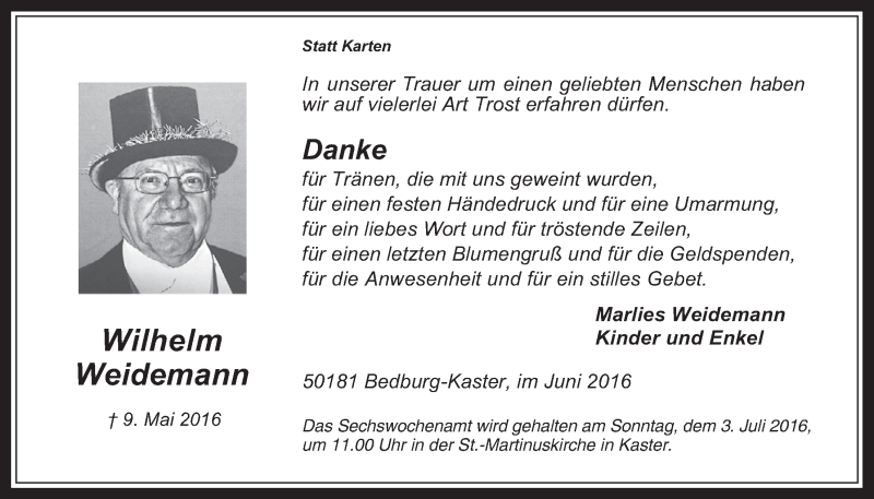  Traueranzeige für Wilhelm Weidemann vom 22.06.2016 aus  Werbepost 