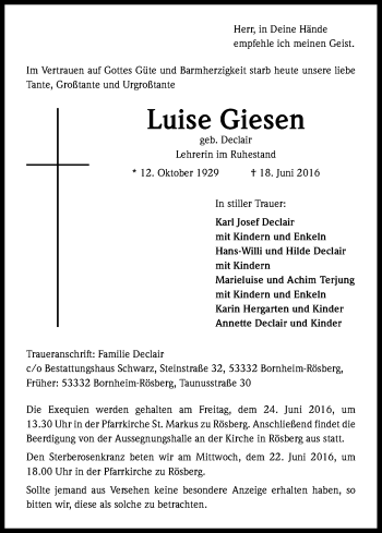 Anzeige von Luise Giesen von Kölner Stadt-Anzeiger / Kölnische Rundschau / Express