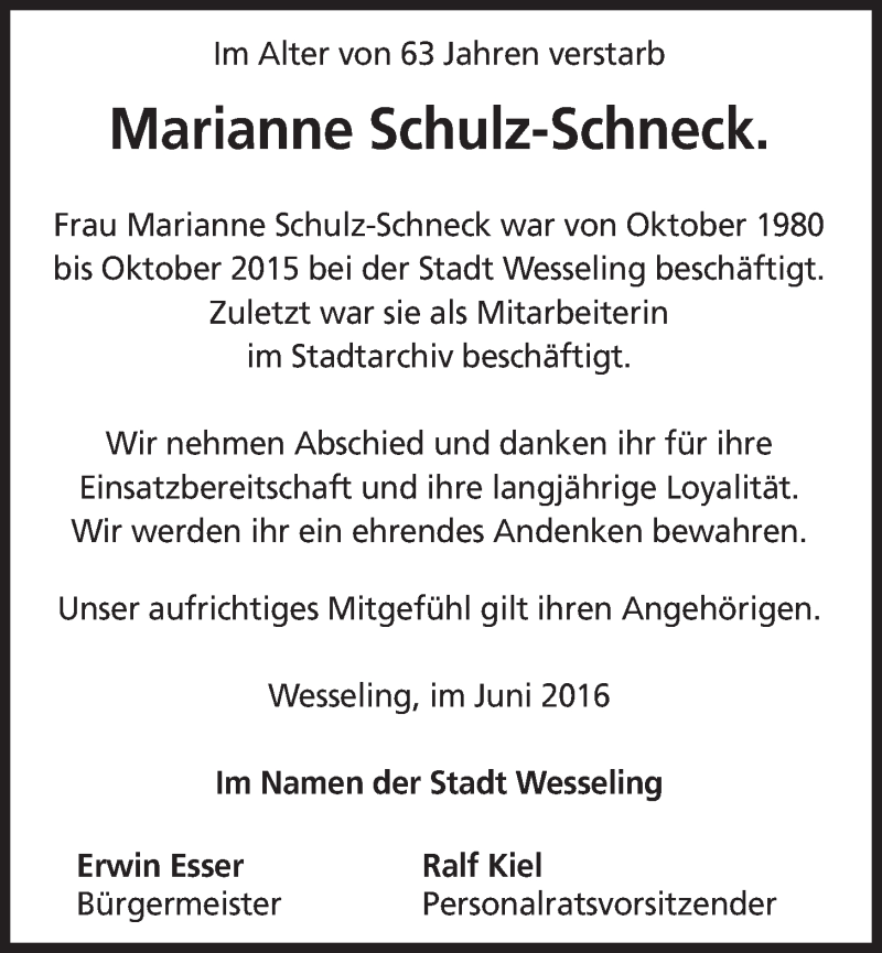  Traueranzeige für Marianne Schulz-Schneck vom 22.06.2016 aus  Schlossbote/Werbekurier 