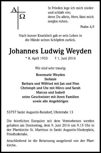 Anzeige von Johannes Ludwig Weyden von Kölner Stadt-Anzeiger / Kölnische Rundschau / Express