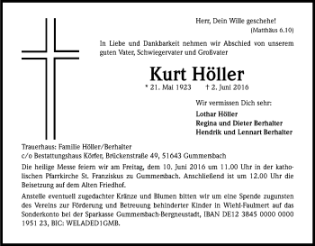 Anzeige von Kurt Höller von Kölner Stadt-Anzeiger / Kölnische Rundschau / Express