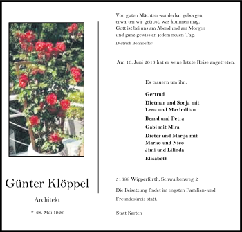 Anzeige von Günter Klöppel von Kölner Stadt-Anzeiger / Kölnische Rundschau / Express