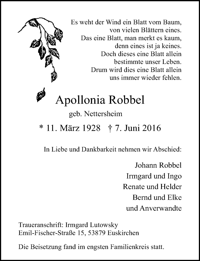  Traueranzeige für Apollonia Robbel vom 18.06.2016 aus  Blickpunkt Euskirchen 