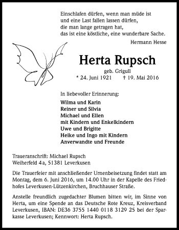 Anzeige von Herta Rupsch von Kölner Stadt-Anzeiger / Kölnische Rundschau / Express