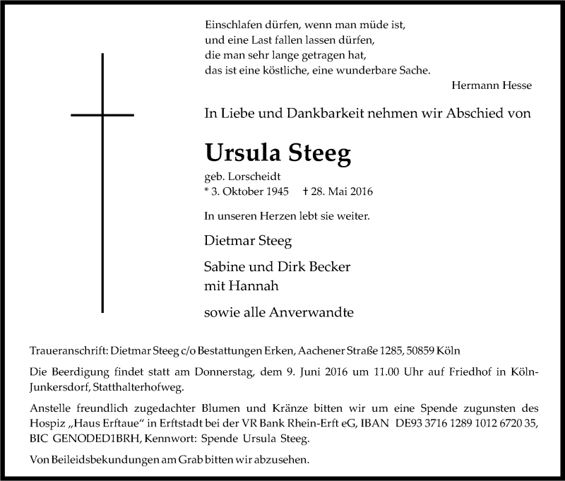  Traueranzeige für Ursula Steeg vom 04.06.2016 aus Kölner Stadt-Anzeiger / Kölnische Rundschau / Express