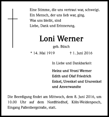 Anzeige von Loni Werner von Kölner Stadt-Anzeiger / Kölnische Rundschau / Express