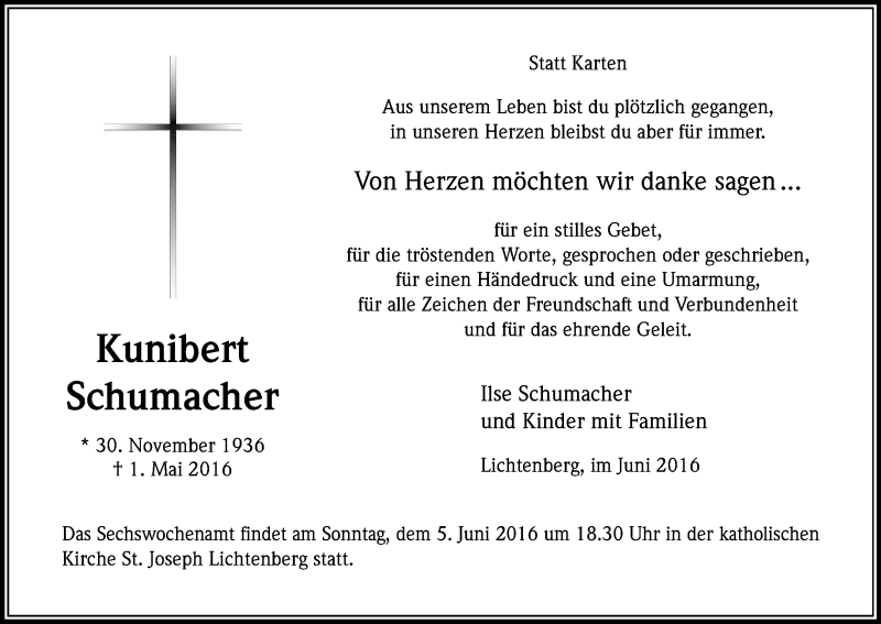  Traueranzeige für Kunibert Schumacher vom 04.06.2016 aus Kölner Stadt-Anzeiger / Kölnische Rundschau / Express