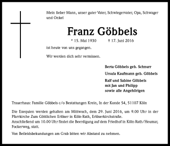 Anzeige von Franz Göbbels von Kölner Stadt-Anzeiger / Kölnische Rundschau / Express