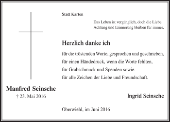 Anzeige von Manfred Seinsche von  Anzeigen Echo  Lokalanzeiger 