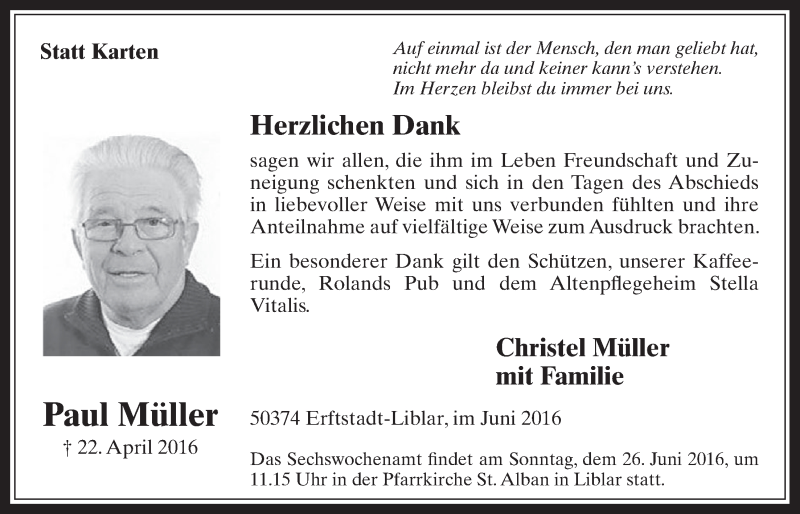  Traueranzeige für Paul Müller vom 22.06.2016 aus  Werbepost 