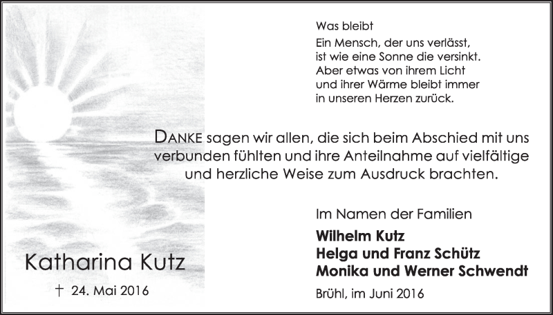  Traueranzeige für Katharina Kutz vom 22.06.2016 aus  Schlossbote/Werbekurier 