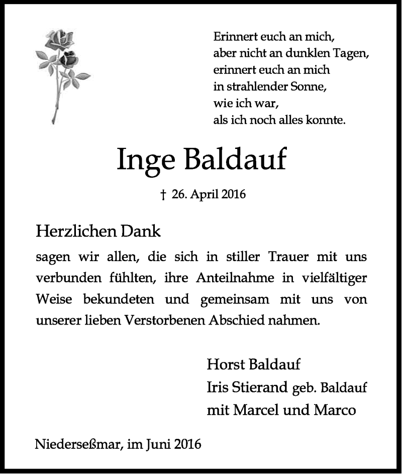  Traueranzeige für Inge Baldauf vom 04.06.2016 aus Kölner Stadt-Anzeiger / Kölnische Rundschau / Express