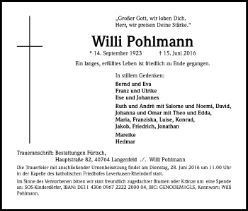 Anzeige von Willi Pohlmann von Kölner Stadt-Anzeiger / Kölnische Rundschau / Express