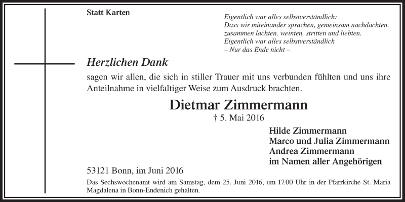  Traueranzeige für Dietmar Zimmermann vom 22.06.2016 aus  Lokalanzeiger 