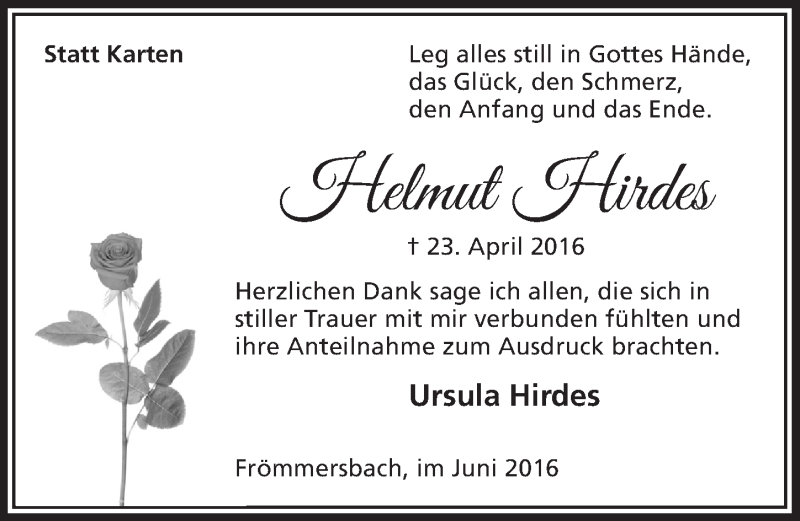  Traueranzeige für Helmut Hirdes vom 08.06.2016 aus  Anzeigen Echo 