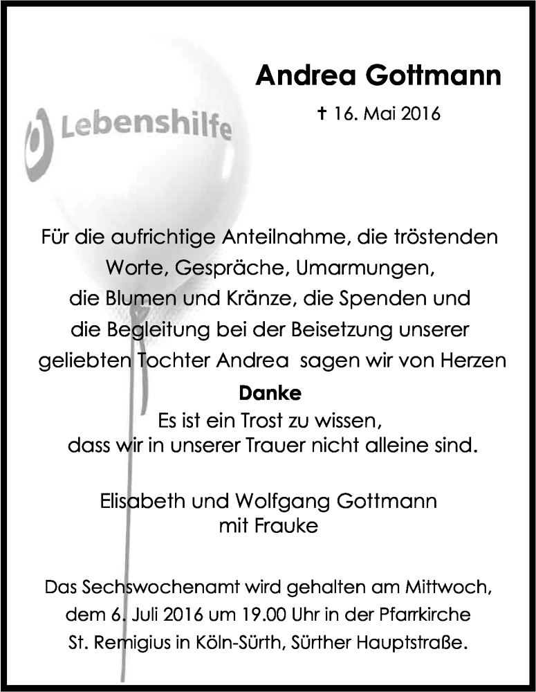  Traueranzeige für Andrea Gottmann vom 08.06.2016 aus Kölner Stadt-Anzeiger / Kölnische Rundschau / Express