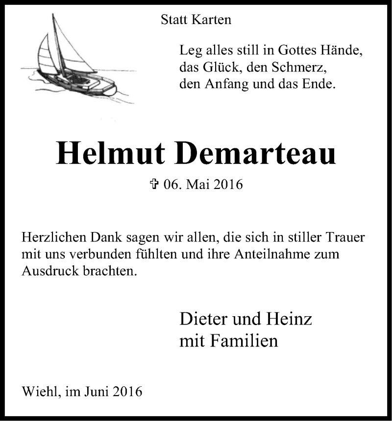  Traueranzeige für Helmut Demarteau vom 11.06.2016 aus Kölner Stadt-Anzeiger / Kölnische Rundschau / Express