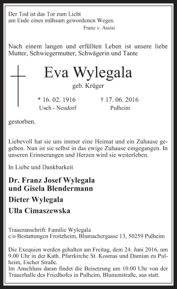 Anzeige von Eva Wylegala von  Wochenende 