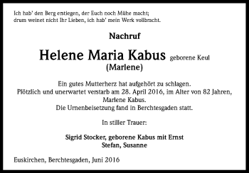 Anzeige von Helene Maria Kabus von Kölner Stadt-Anzeiger / Kölnische Rundschau / Express
