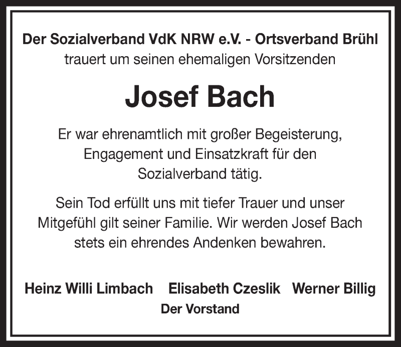  Traueranzeige für Josef Bach vom 08.06.2016 aus  Schlossbote/Werbekurier 