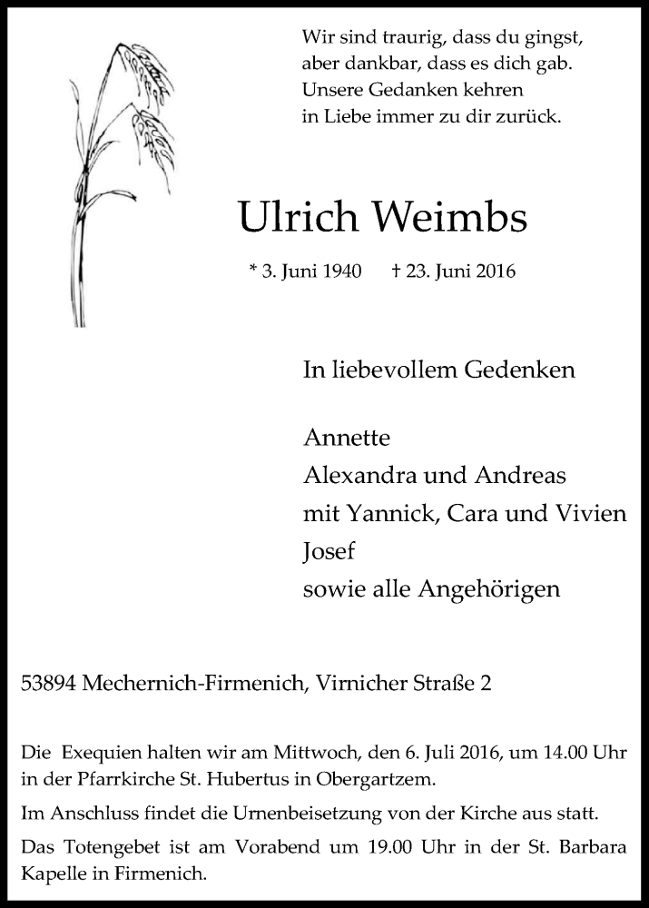  Traueranzeige für Ulrich Weimbs vom 01.07.2016 aus Kölner Stadt-Anzeiger / Kölnische Rundschau / Express