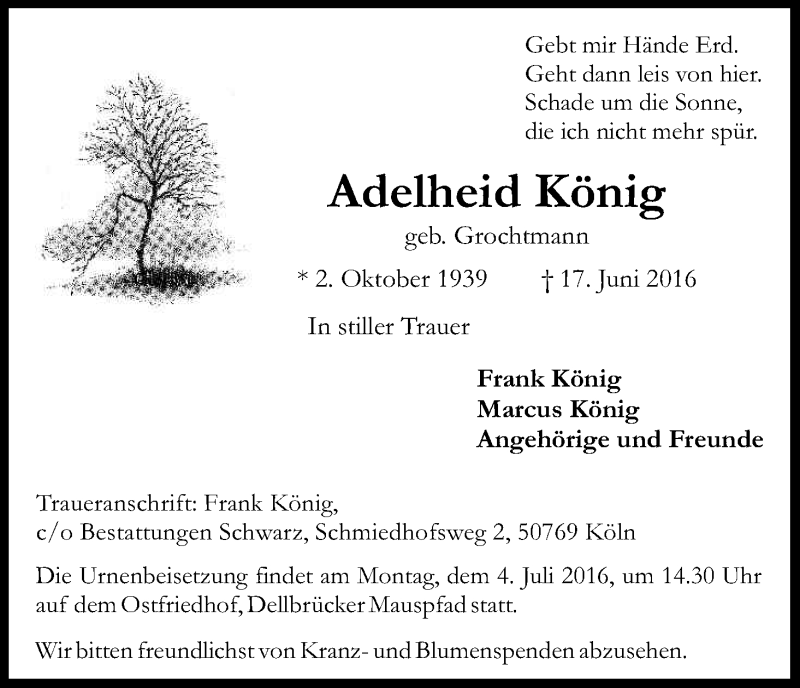  Traueranzeige für Adelheid König vom 25.06.2016 aus Kölner Stadt-Anzeiger / Kölnische Rundschau / Express