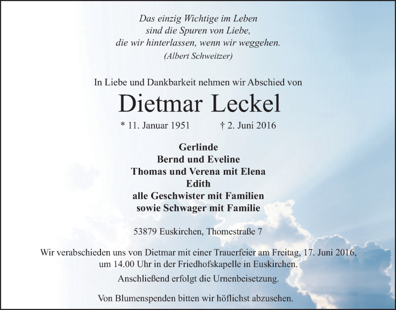  Traueranzeige für Dietmar Leckel vom 11.06.2016 aus  Blickpunkt Euskirchen 