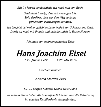 Anzeige von Hans Joachim Eisel von Kölner Stadt-Anzeiger / Kölnische Rundschau / Express