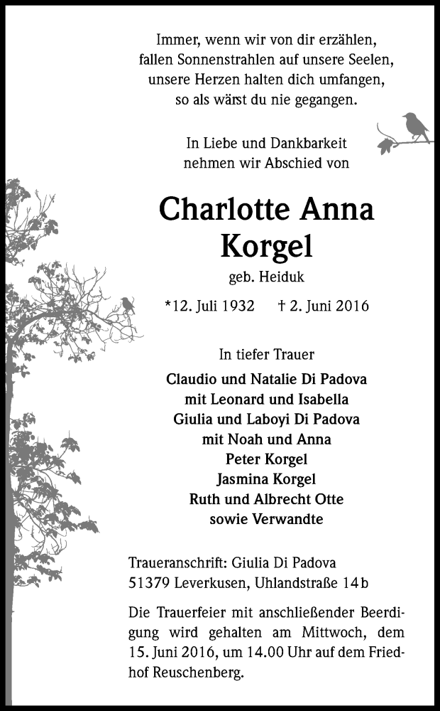  Traueranzeige für Charlotte Anna Korgel vom 11.06.2016 aus Kölner Stadt-Anzeiger / Kölnische Rundschau / Express