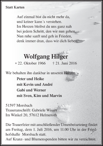 Anzeige von Wolfgang Hilger von  Lokalanzeiger 