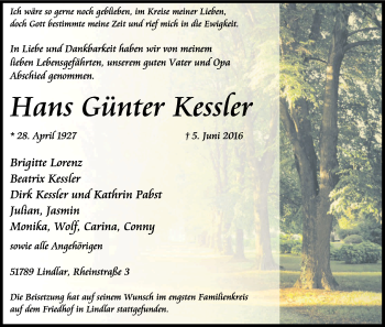 Anzeige von Hans Günter Kessler von Kölner Stadt-Anzeiger / Kölnische Rundschau / Express