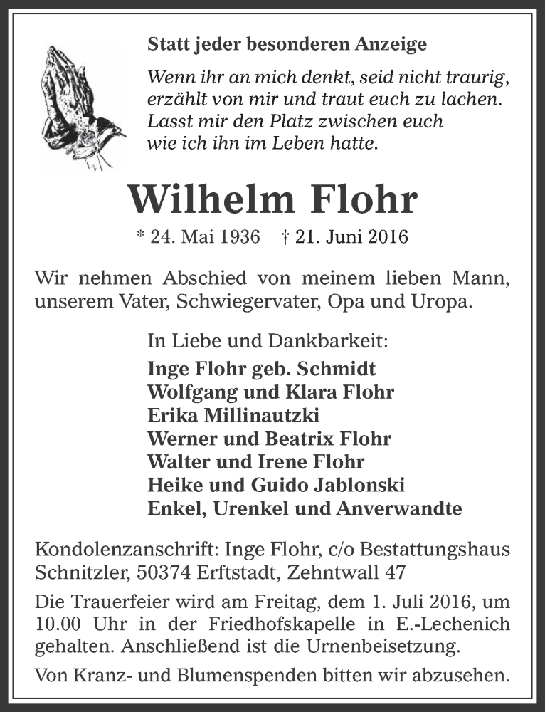  Traueranzeige für Wilhelm Flohr vom 29.06.2016 aus  Werbepost 