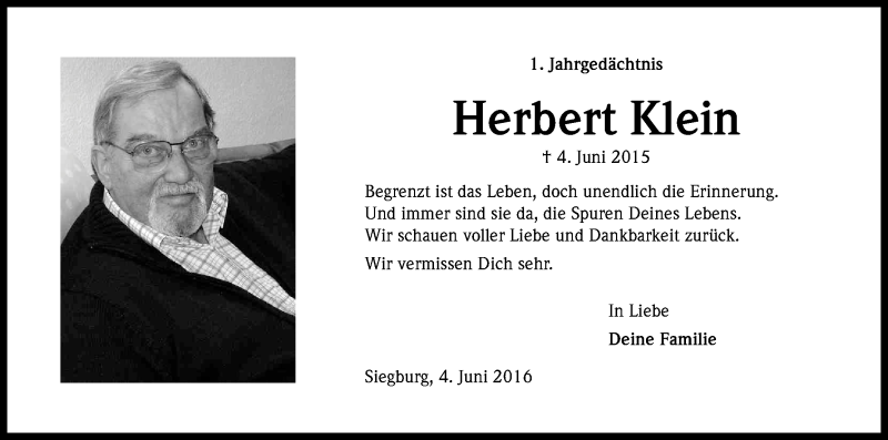  Traueranzeige für Herbert Klein vom 04.06.2016 aus Kölner Stadt-Anzeiger / Kölnische Rundschau / Express