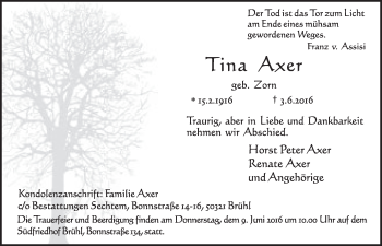 Anzeige von Tina  Axer von  Schlossbote/Werbekurier 