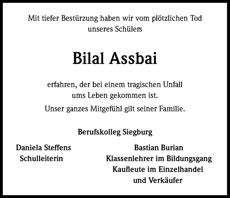  Traueranzeige für Bilal Assbai vom 22.06.2016 aus Kölner Stadt-Anzeiger / Kölnische Rundschau / Express