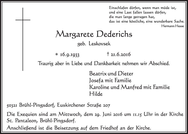  Traueranzeige für Margarete Dederichs vom 29.06.2016 aus  Schlossbote/Werbekurier 
