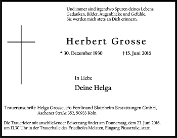 Anzeige von Herbert Grosse von Kölner Stadt-Anzeiger / Kölnische Rundschau / Express