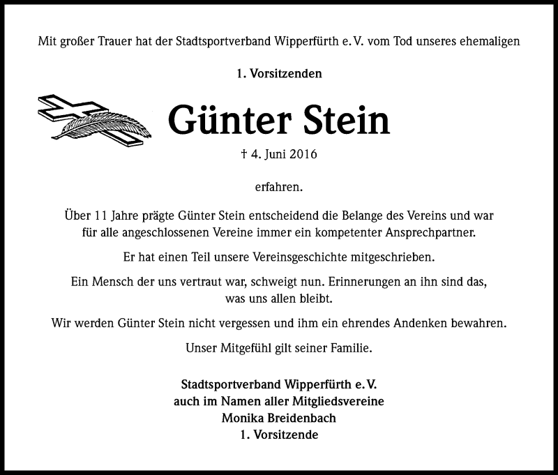  Traueranzeige für Günter Stein vom 11.06.2016 aus Kölner Stadt-Anzeiger / Kölnische Rundschau / Express