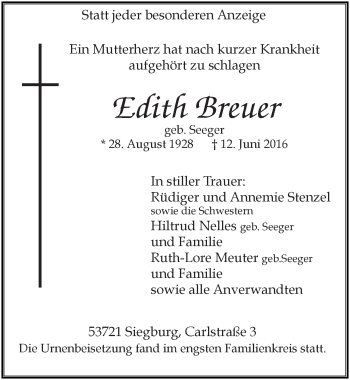 Anzeige von Edith Breuer von  Extra Blatt 