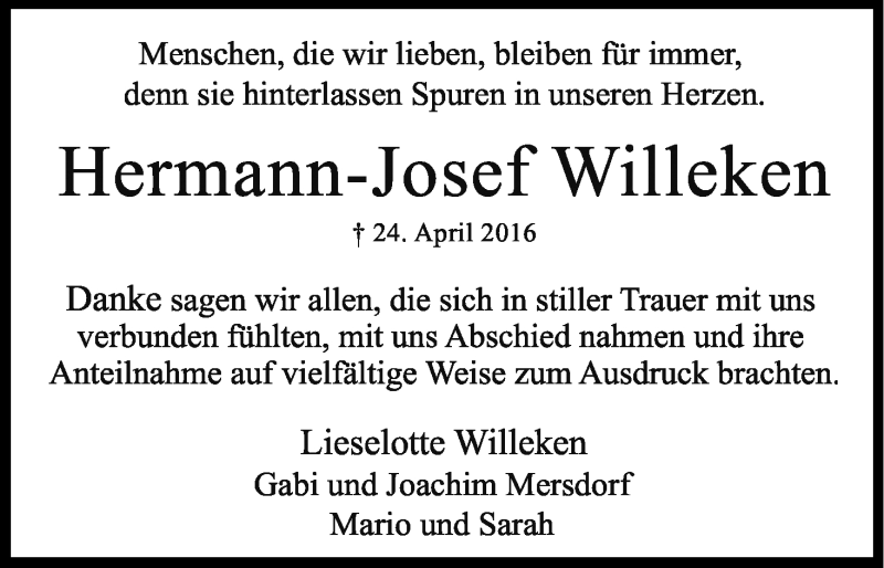  Traueranzeige für Hermann-Josef Willeken vom 04.06.2016 aus Kölner Stadt-Anzeiger / Kölnische Rundschau / Express