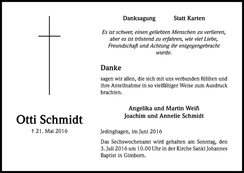  Traueranzeige für Otti Schmidt vom 25.06.2016 aus Kölner Stadt-Anzeiger / Kölnische Rundschau / Express