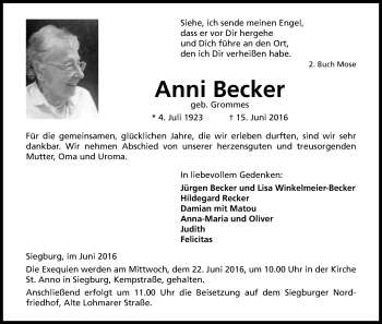 Anzeige von Anni Becker von Kölner Stadt-Anzeiger / Kölnische Rundschau / Express