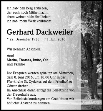 Anzeige von Gerhard Dackweiler von Kölner Stadt-Anzeiger / Kölnische Rundschau / Express
