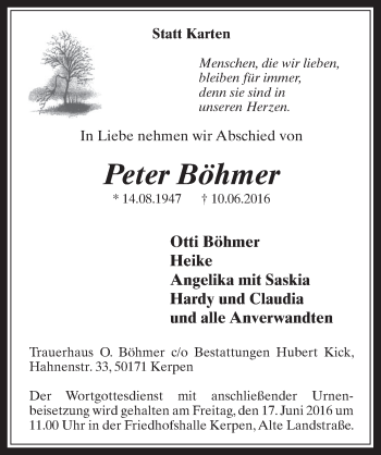 Anzeige von Peter Böhmer von  Werbepost 