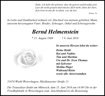Anzeige von Bernd Helmenstein von Kölner Stadt-Anzeiger / Kölnische Rundschau / Express